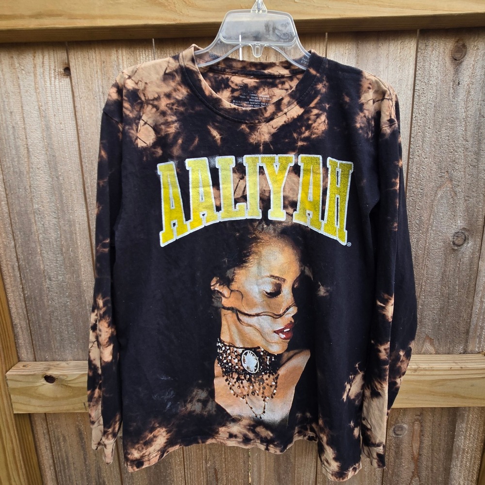 Aaliyah Bleach Tie Dye Long Sleeve Graphic T-Shirt Black Tan Sz M *read Y2K R&B